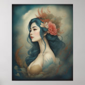 Poster Aquarelle Peinture Belle Asiatique Fleurs Femme (Devant)