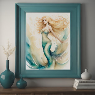 Poster Aquarelle Peinture Blonde Sirène