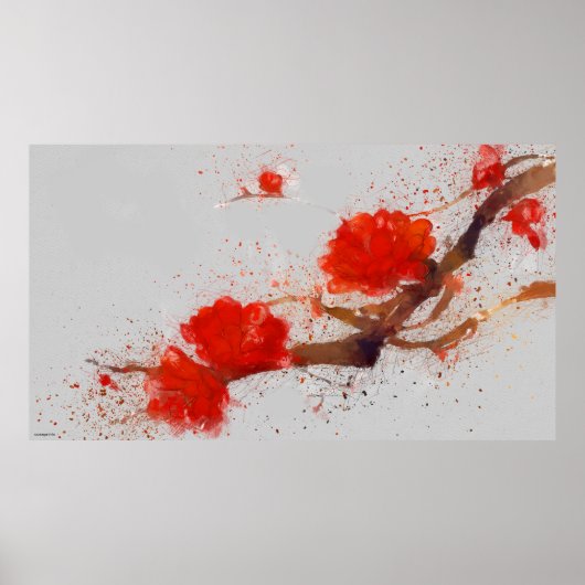 Poster Aquarelle peinture branche fleurs rouges asiatique (Devant)