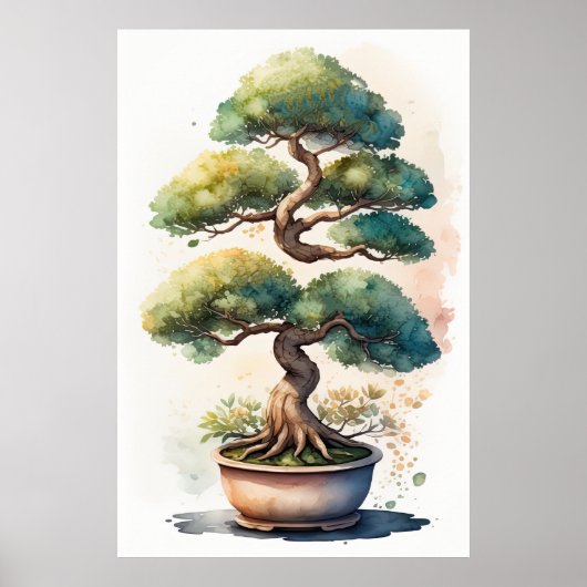 Poster Aquarelle Peinture de Bonsai Tree en Pot (Devant)