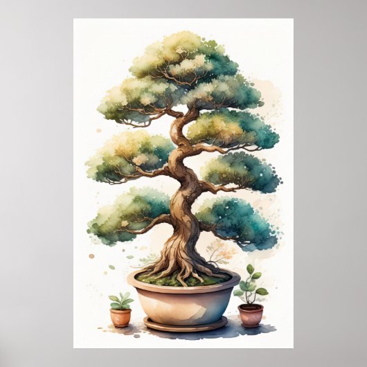Poster Aquarelle Peinture de Bonsai Tree en Pot II (Devant)