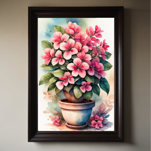 Poster Aquarelle Peinture de Bouganvillea en Pot Rose