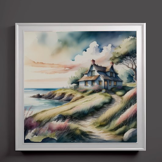 Poster Aquarelle Peinture de chalet de bord de mer