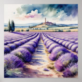 Poster Aquarelle Peinture de champs de lavande paysage (Devant)