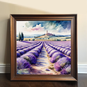 Poster Aquarelle Peinture de champs de lavande paysage