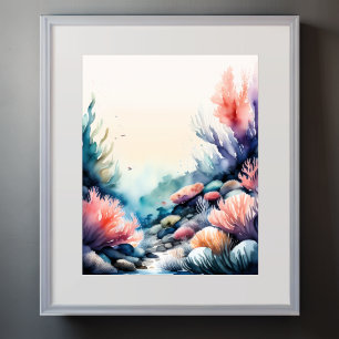 Poster Aquarelle Peinture de Coral Reef rose