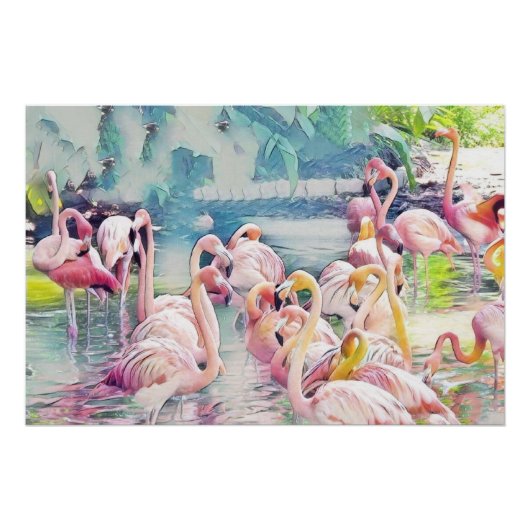 Poster Aquarelle Peinture de Flamants roses roses dans l' (Devant)
