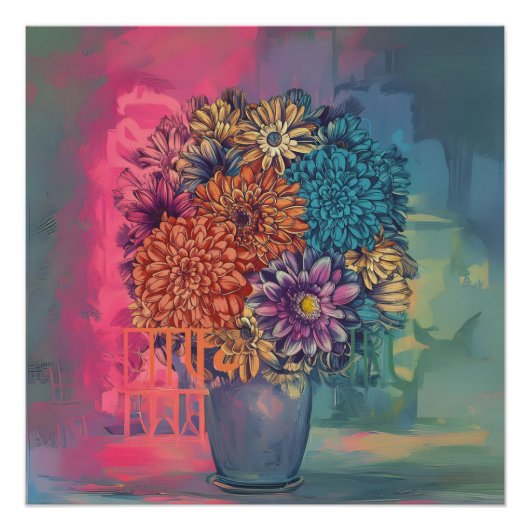 Poster aquarelle peinture de fleurs sur un vase brillant (Devant)