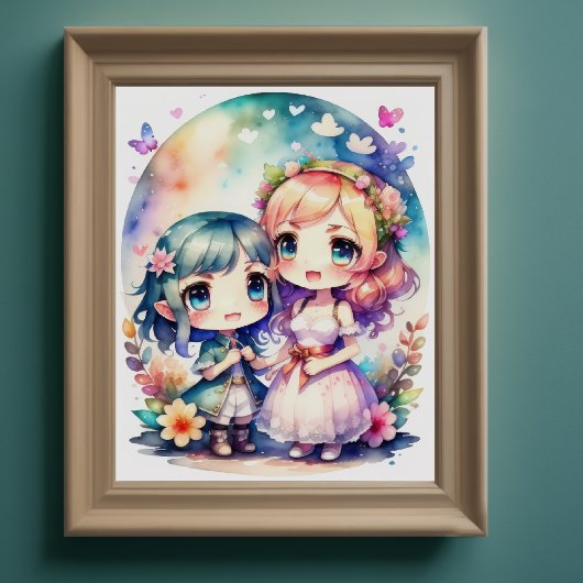 Poster Aquarelle Peinture de Kawaii Chibi 2 Female II