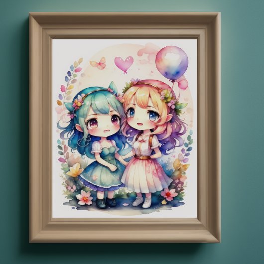 Poster Aquarelle Peinture de Kawaii Chibi 2 Female III