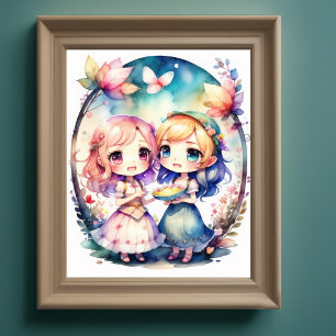 Poster Aquarelle Peinture de Kawaii Chibi 2 Femme IV