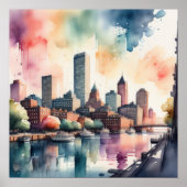 Poster Aquarelle Peinture de la ville avec rivière (Devant)