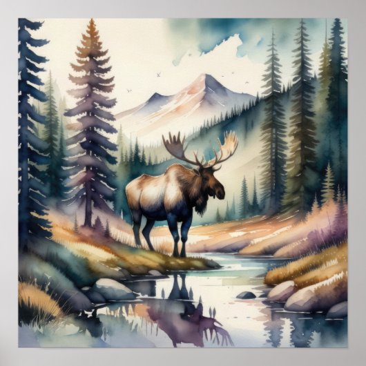 Poster Aquarelle Peinture de l'orignal en forêt 1:1 (Devant)