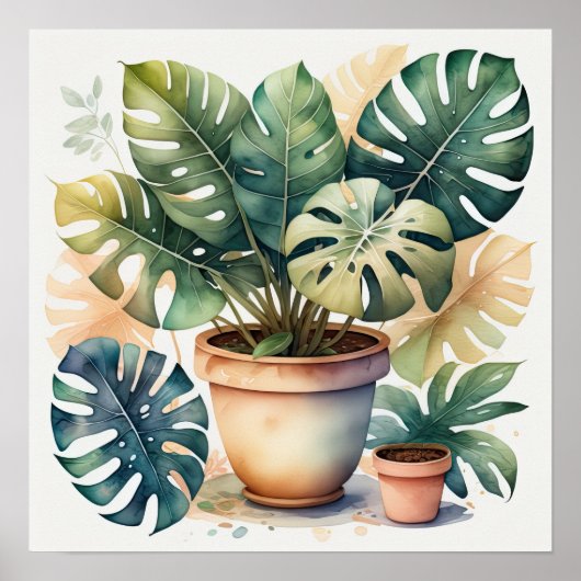Poster Aquarelle Peinture de Monstera en Pot II (Devant)
