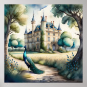 Poster Aquarelle Peinture de Peacock et Château (Devant)