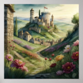 Poster Aquarelle Peinture de Storybook Château médiéval (Devant)