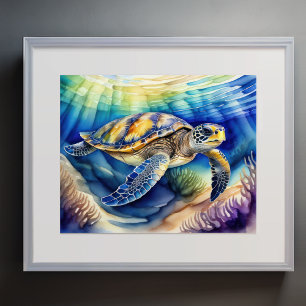 Poster Aquarelle Peinture de tortue de mer colorée V