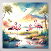 Poster Aquarelle Peinture de troupeau de Flamants roses 1 (Devant)