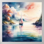 Poster Aquarelle Peinture de voilier sur le lac (Devant)