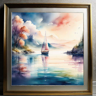 Poster Aquarelle Peinture de voilier sur le lac