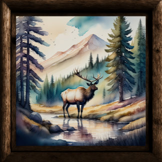 Poster Aquarelle Peinture d'Elk dans la forêt 1:1