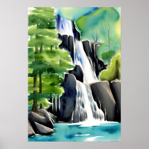 Poster Aquarelle Peinture D'Une Cascade