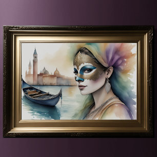 Poster Aquarelle Peinture féminine portant un masque véni