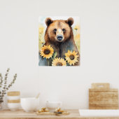 Poster Aquarelle Peinture Ours Brown Et Fleurs De Soleil (Cuisine)