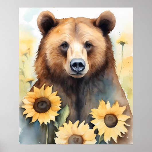 Poster Aquarelle Peinture Ours Brown Et Fleurs De Soleil (Devant)