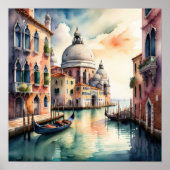 Poster Aquarelle Peinture Venise Ville Scène Gondola 1:1 (Devant)