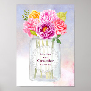 Poster Aquarelle Peonies Rose Rustic Mason Jar Mariage