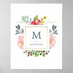 Poster Aquarelle Peony Flowers avec Or et Monogramme
