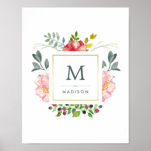 Poster Aquarelle Peony Flowers avec Or et Monogramme (Devant)