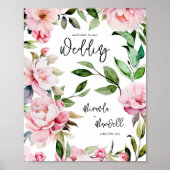 Poster Aquarelle Peony Magnolia Mariage rose Bienvenue (Devant)
