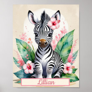 Poster Aquarelle personnalisée Zebra Baby Girl Nursery Ar