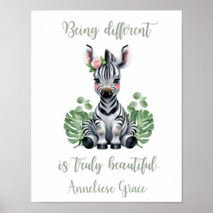 Poster Aquarelle personnalisée Zebra Girl Safari Nursery