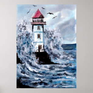 Poster Aquarelle phare et tempête