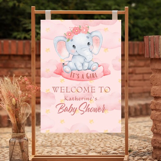Poster Aquarelle Pink fleoral éléphant Baby shower fille