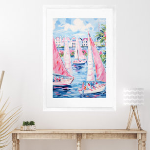 Poster Aquarelle Pink Sailboats Côtier tropical
