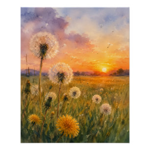 Poster Aquarelle Pissenlits au Paysage de Prairie au Couc