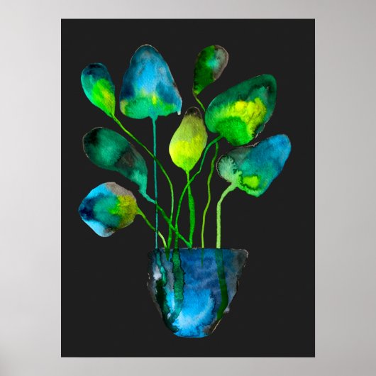 Poster Aquarelle plante art vert et bleu abstrait (Devant)