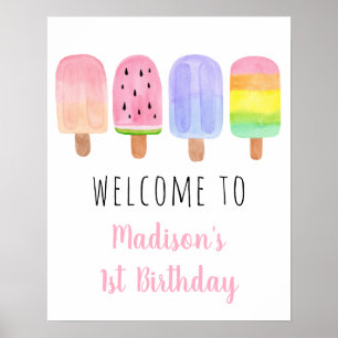 Poster Aquarelle Popsicle Rose Girl Accueil d'anniversair