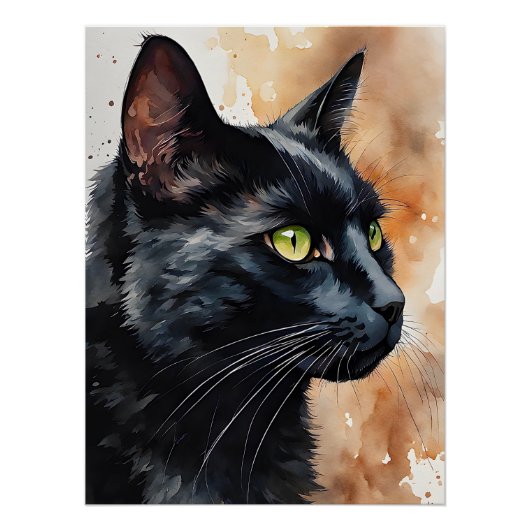 Poster Aquarelle Portrait de chat noir vert yeux poitrine (Devant)