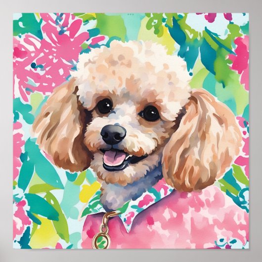 Poster Aquarelle Preppy Palm Beach Poodle Chien (Devant)