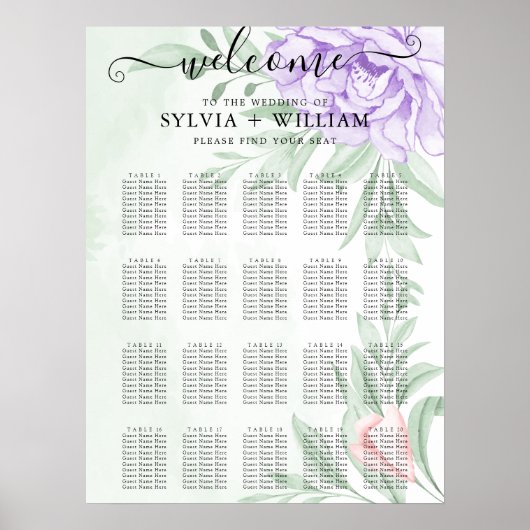 Poster Aquarelle Purple Blooms Bouquet Mariage Siège (Devant)