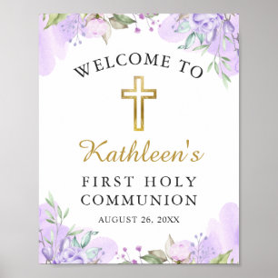 Poster Aquarelle Purple Floral Première Communion Bienven