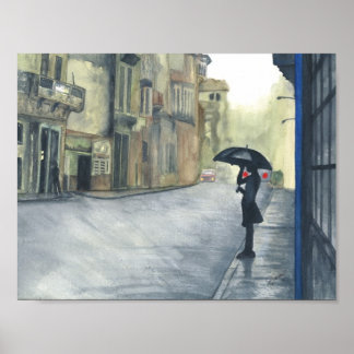 Poster Aquarelle Rainy City Woman