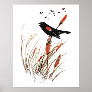 Poster Aquarelle Red Wing Blackbird Oiseau Art de la natu