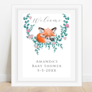Poster Aquarelle renard en fleurs baby shower d'accueil