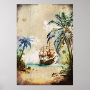 Poster Aquarelle Rétro Pirate Bateau Palmiers vieux papie
